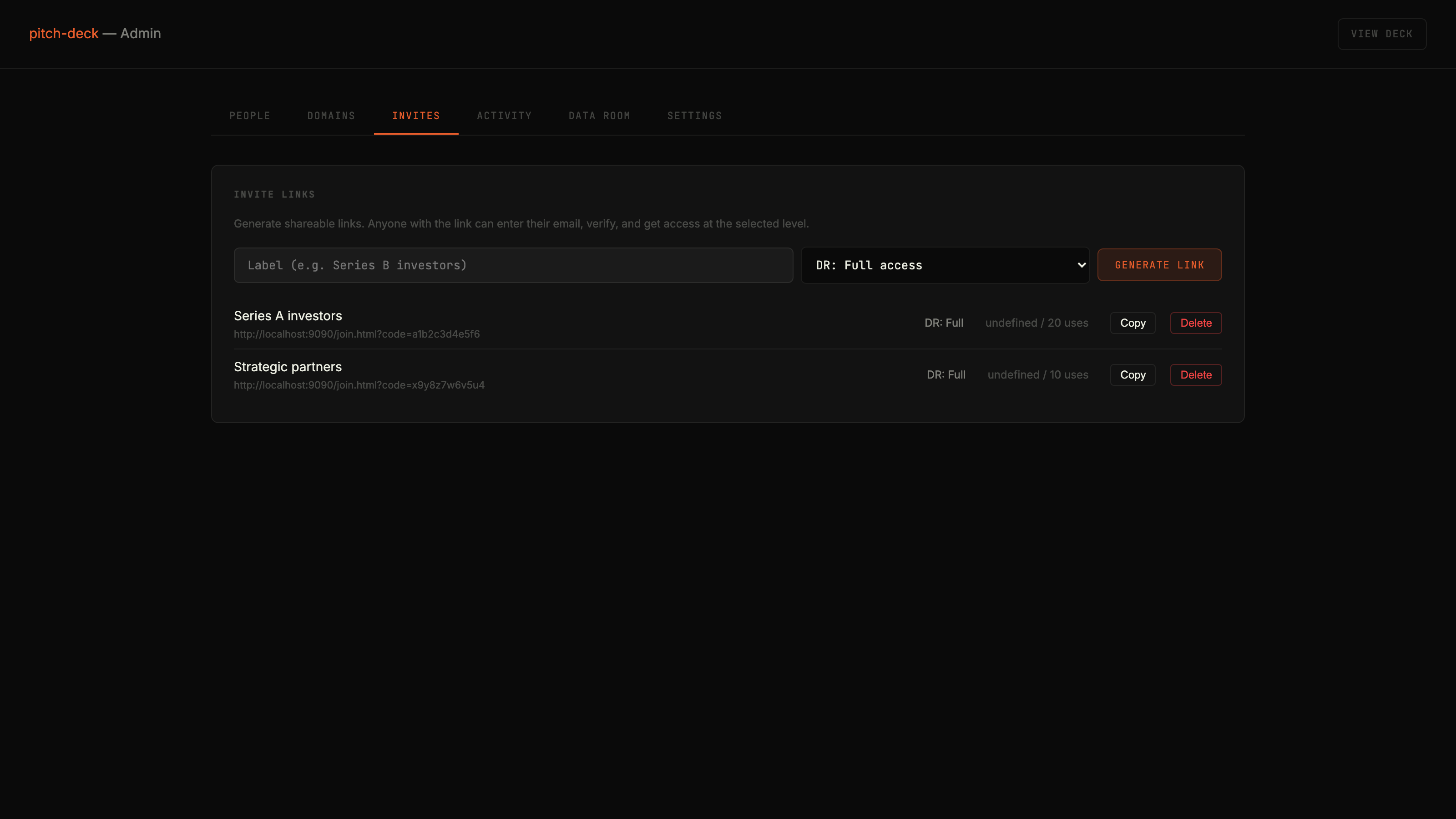 Invite link management with usage limits and expiry dates